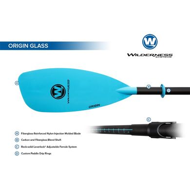Wilderness Systems Origin 2pc Adjustable Glass Touring Paddle - двухсекционное весло для туризма на любой водной поверхности, 220 - 240 см