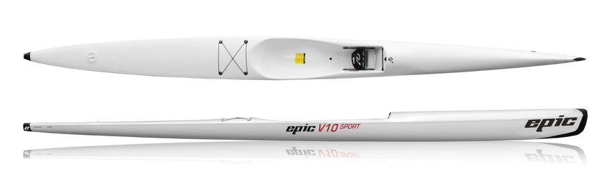 EPIC V10 Sport - быстрый surf ski каяк для фитнеса и катания на волнах, Белый, Карбон-Кевлар, Да. Рулевое перо снизу под каяком