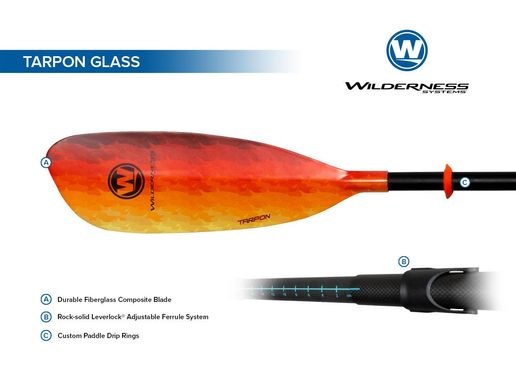 Wilderness Systems Tarpon Glass Paddle - склопластикове весло для низького стилю веслування , 2-секційне регульоване (LeverLock), 220 - 240 см, Веретено стандартного діаметру (STD), пряме веретено